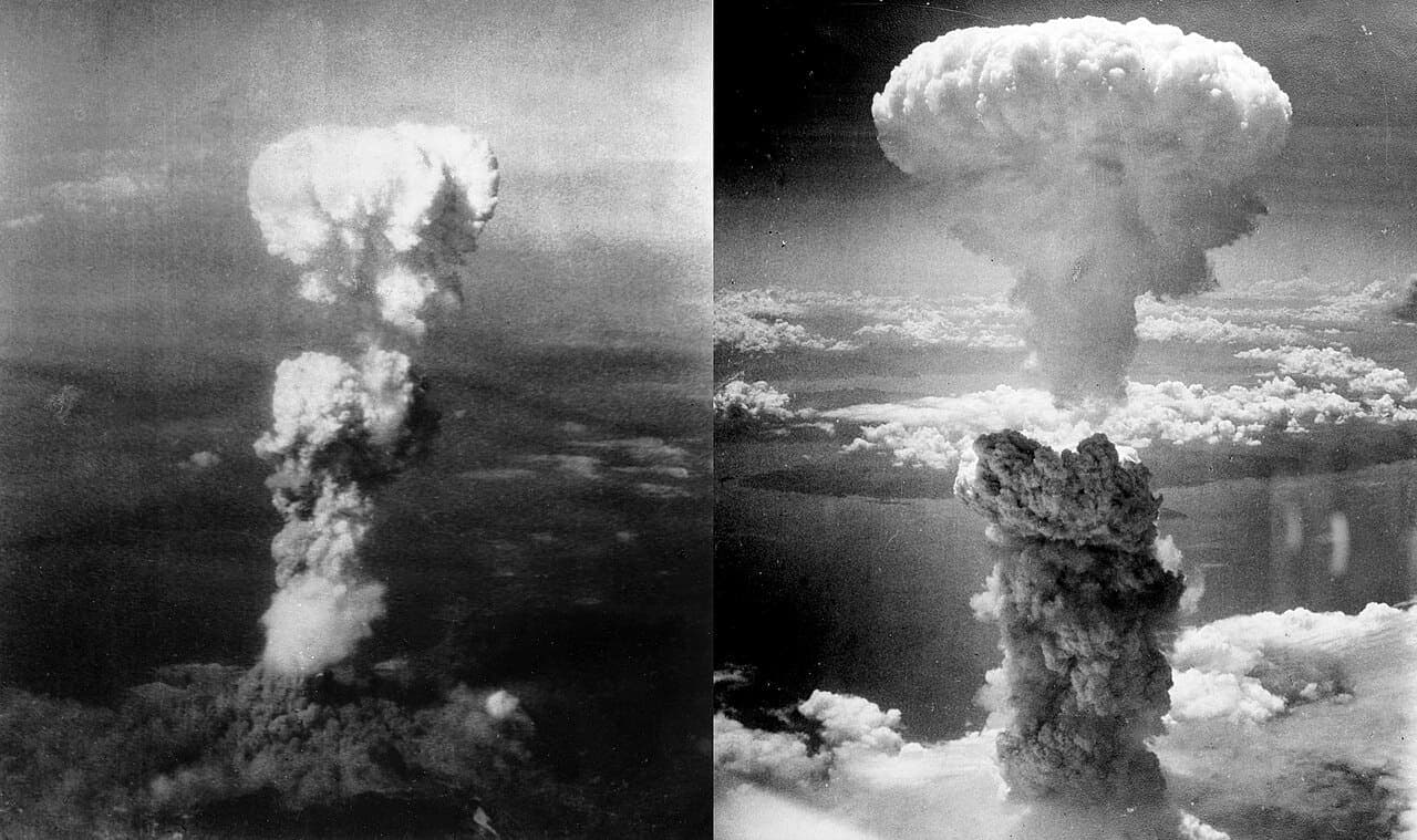 Composite photograph of the mushroom clouds over Hiroshima (left, August 6, 1945) and Nagasaki (right, August 9, 1945) — the only two uses of nuclear weapons in warfare in human history