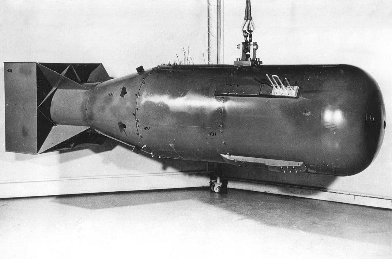 The Little Boy gun-type uranium bomb casing at the National Museum of Nuclear Science and History. The actual weapon dropped on Hiroshima was functionally identical.