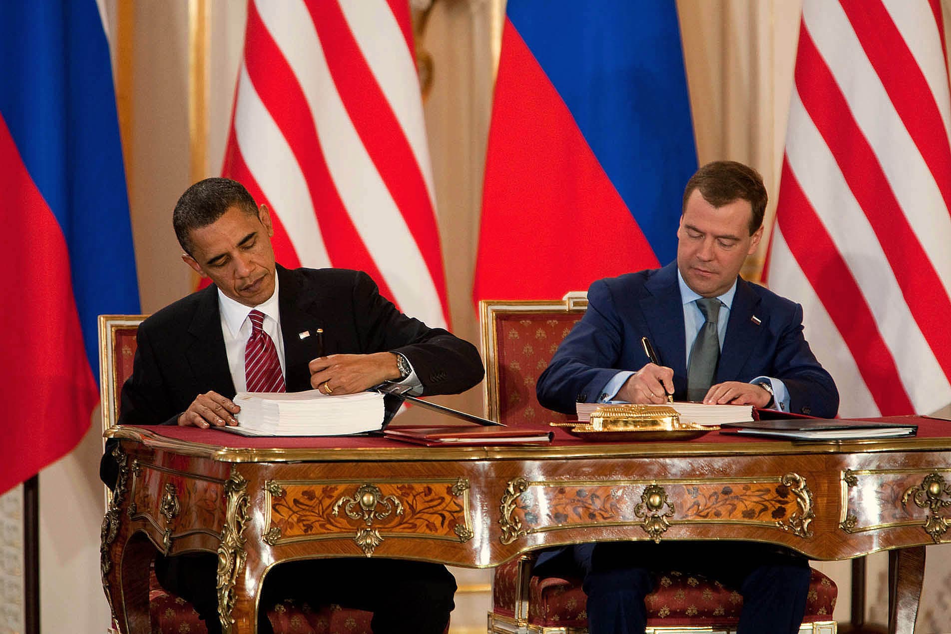 President Obama and President Medvedev after the New START treaty signing in Prague in 2010
