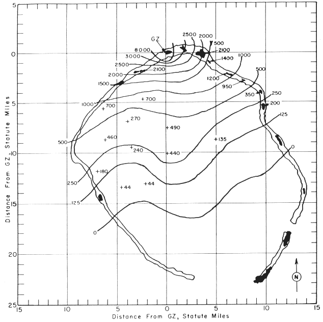 Ivy Mike nuclear fallout map showing radiation intensity contours