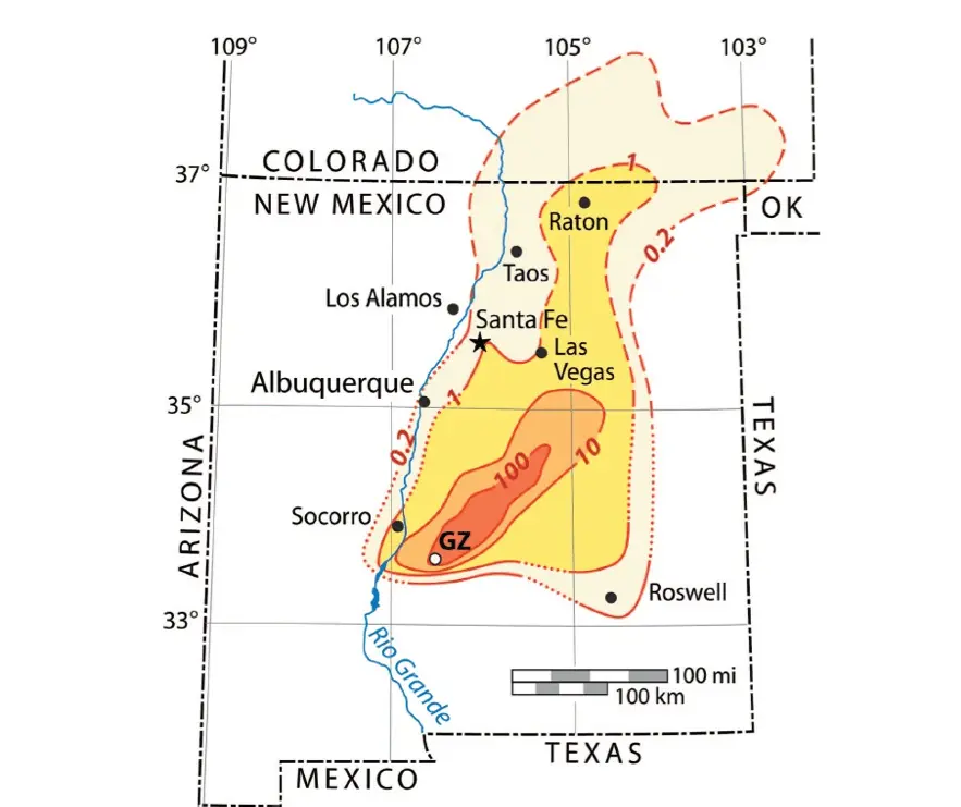 Nuclear fallout map from the Trinity test with exposure-rate contours