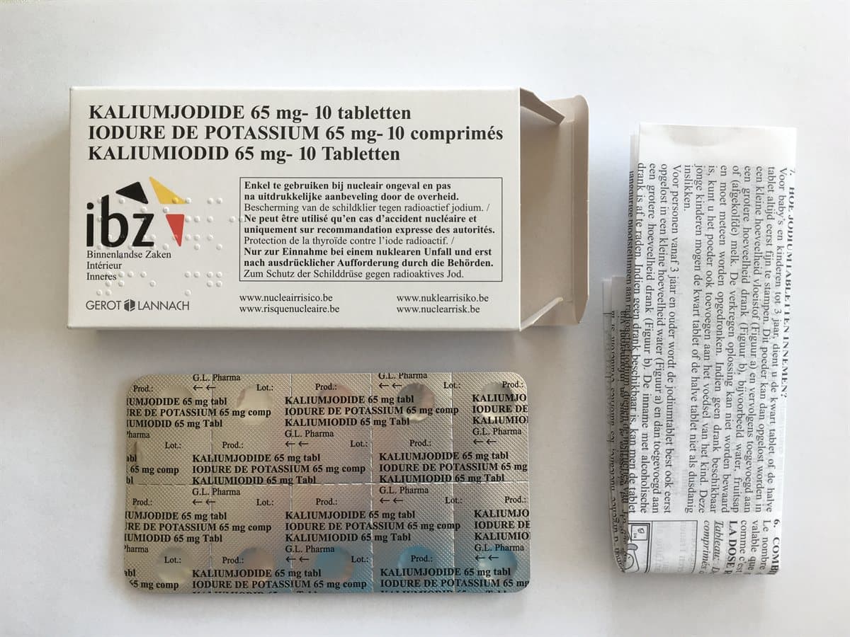 Packaged potassium iodide tablets with pediatric dosing labels for nuclear emergency planning